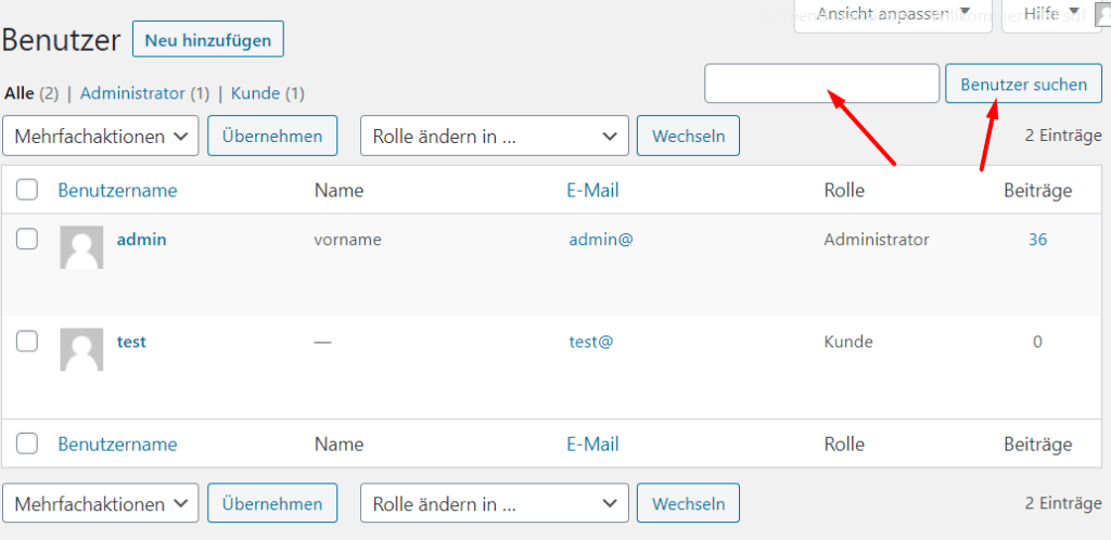 Searching for a WooCommerce customer in the WordPress user administration