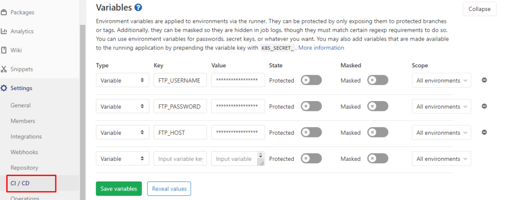 GitLab CI/CD variables used to deploy the WordPress plugin test build