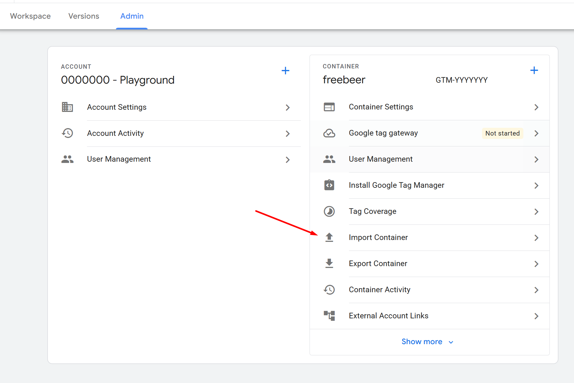 Admin import container screen