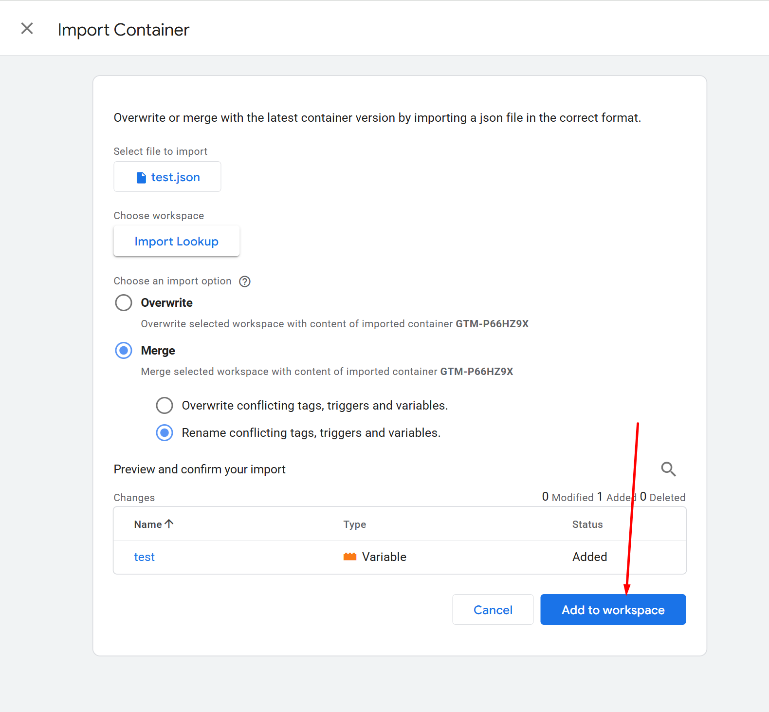 Add to workspace confirmation